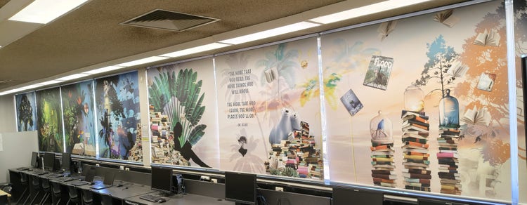 Library blinds with images of books on them